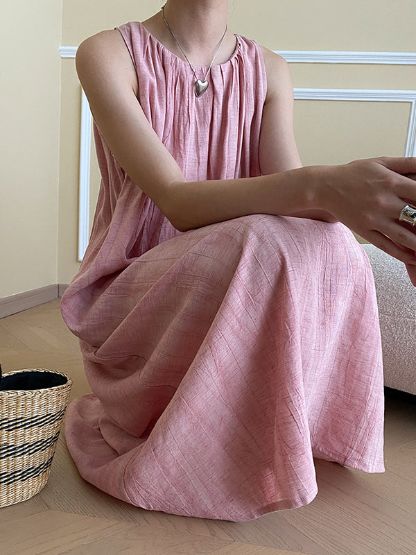 Pleated Solid Color A-Line Loose Round-Neck Midi Dresses
