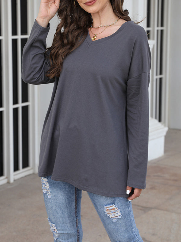 See-Through Solid Color Split-Joint Long Sleeves Loose V-neck T-shirts