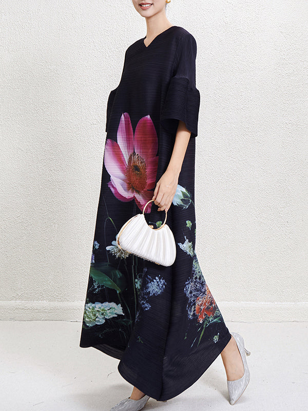 Flower Print Pleated A-Line Flared Sleeves V-Neck Maxi Dresses
