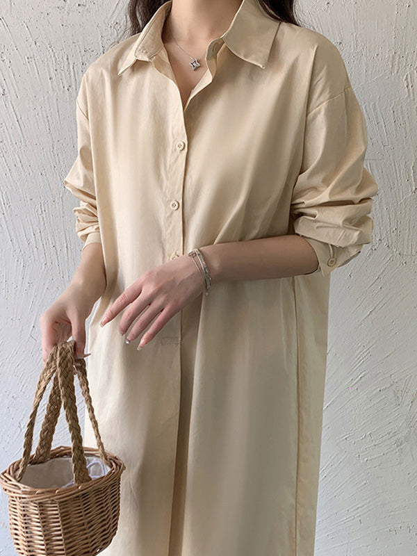 Urban Loose Solid Color Lapel Collar Shirt Midi Dresses