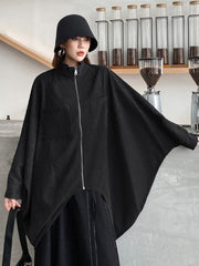 Casual Batwing Sleeves Loose Drawstring Zipper Stand Collar Jackets&Coats