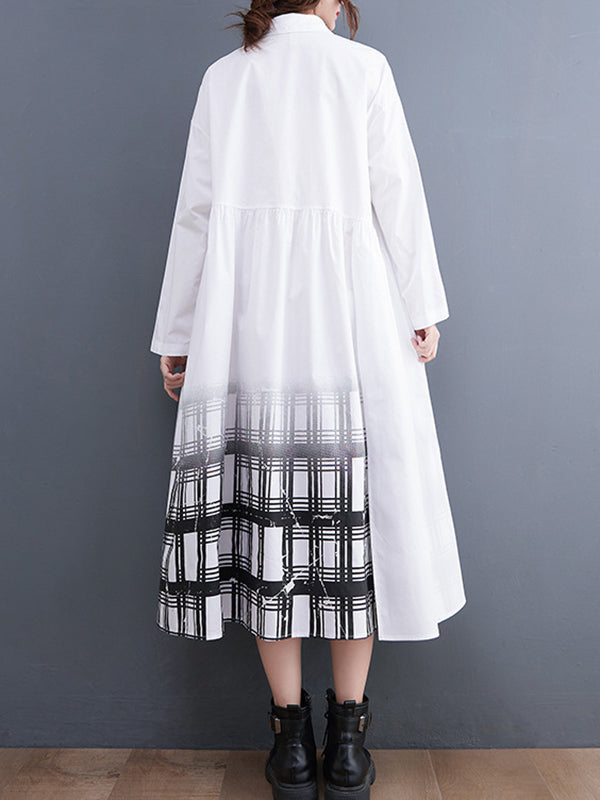 Buttoned Gradient Plaid A-Line Long Sleeves Lapel Midi Dresses