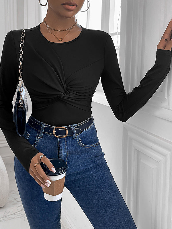 Knot Solid Color Bodycon Long Sleeves Round-Neck Bodysuits