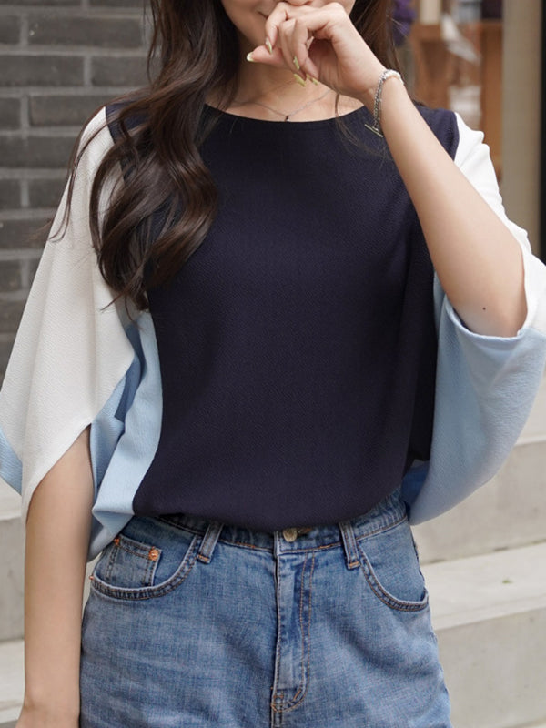 Contrast Color Batwing Sleeves Half Sleeves Round-neck Blouses&shirts Tops