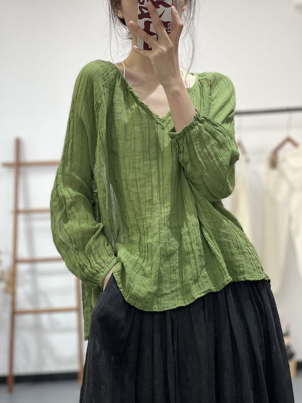 Pleated Solid Color Long Sleeves Loose V-neck Blouses&shirts Tops