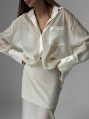 Loose Solid Color See-Through Long Sleeves Lapel Blouse + Skirt Two Pieces Set