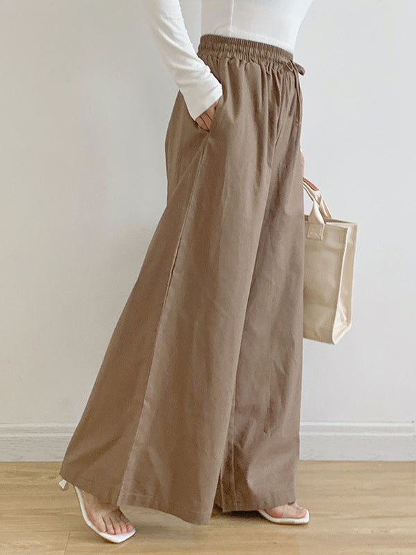 Drawstring Elasticity Pockets Solid Color High Waisted Loose Trousers Pants