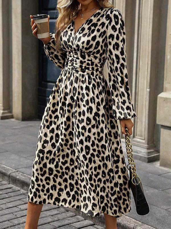 Contrast Color Leopard Pleated Split-Joint Elasticated Waist High Waisted V-Neck Maxi Dresses