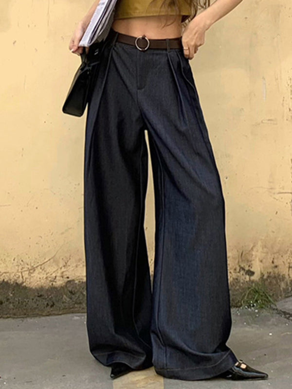 High-Waisted Pleated Solid Color Loose Wide Leg Trousers Pants