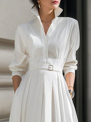 Long Sleeves Loose Belted Pockets Solid Color Stand Collar Maxi Dresses