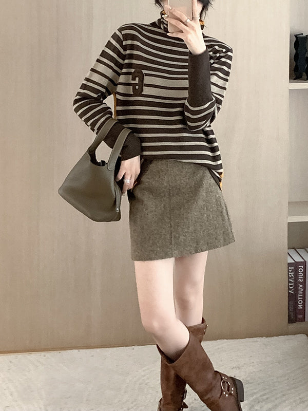 Contrast Color Knitted Letters Split-Joint Striped Long Sleeves Loose High Neck Sweater Tops Pullovers