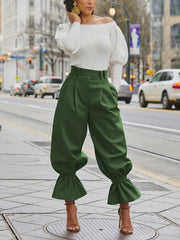 Pleated Pockets Ruffle Trim Solid Color High Waisted Pants
