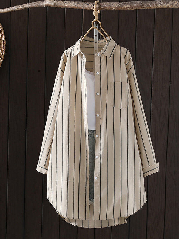 Striped Irregular clipping Long Sleeves Lapel Shirts Tops