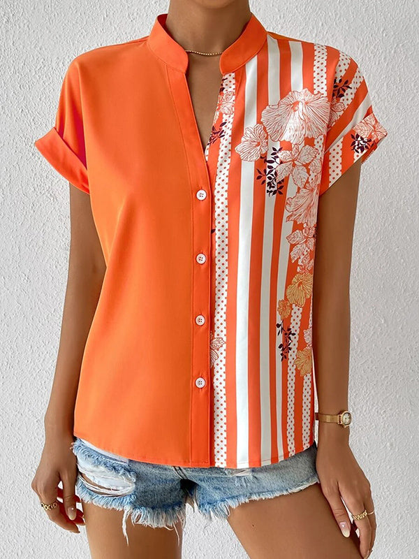 Buttoned Contrast Color Flower Print Striped Loose Short Sleeves V-Neck Blouses&Shirts Tops