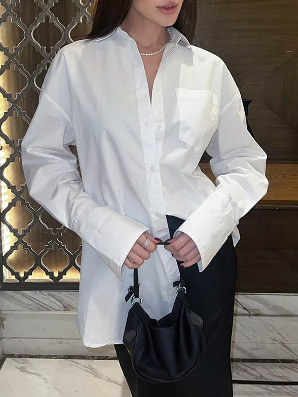 Buttoned Pockets Solid Color Long Sleeves Loose Lapel Blouses&Shirts Tops