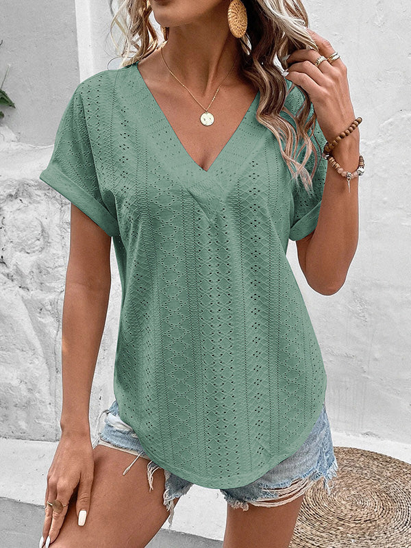 Hollow Solid Color Split-Joint Loose Short Sleeves V-Neck T-Shirts