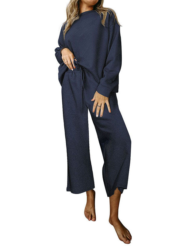 Round-Neck Long Sleeves Loose Solid Color Shirts Top + Drawstring Pants Bottom Two Pieces Set