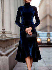 Bodycon Elasticated Waist Solid Color High Neck Midi Dresses