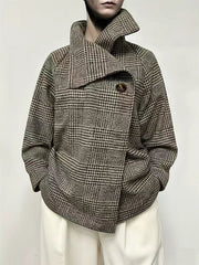 Long Sleeves Loose Asymmetric Houndstooth Plaid Stand Collar Jackets Outerwear