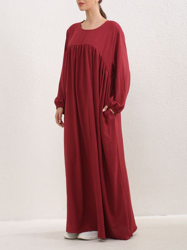 Pleated Solid Color Split-Joint Long Sleeves Loose Round-Neck Maxi Dresses