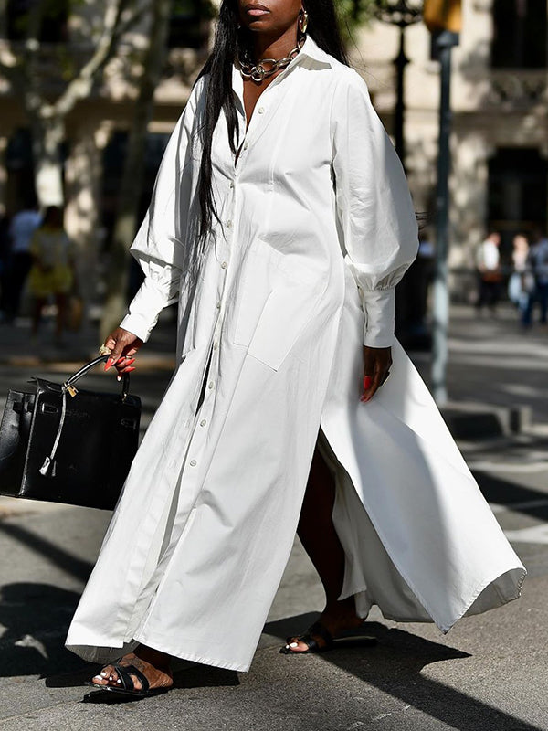Buttoned Pockets Solid Color Long Sleeves Loose Lapel Shirt Dress Maxi Dresses