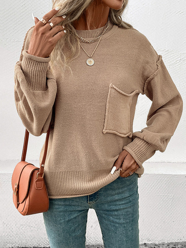 Pockets Solid Color Split-Joint Long Sleeves Loose Round-Neck Sweater Tops Pullovers