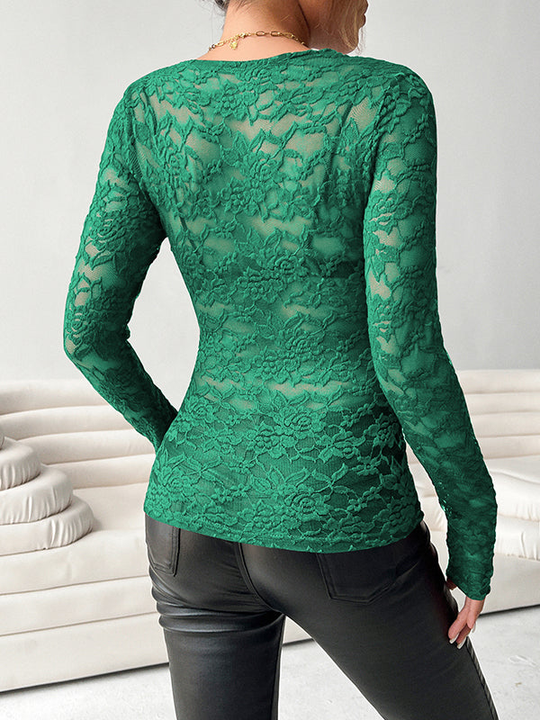 See-Through Solid Color Long Sleeves Skinny Deep V-Neck T-Shirts