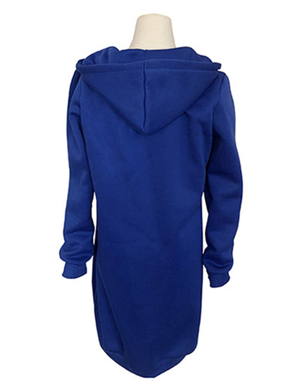 4Colors Drawstring Hooded Split-Joint Pocket Solid Color Zipper Outerwear