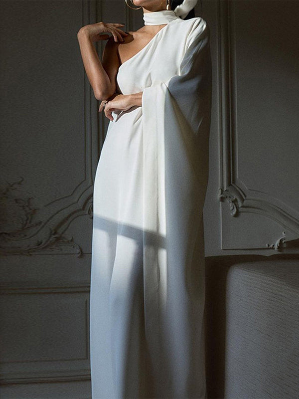 Asymmetric Solid Color Batwing Sleeves Loose Halter-Neck Maxi Dresses