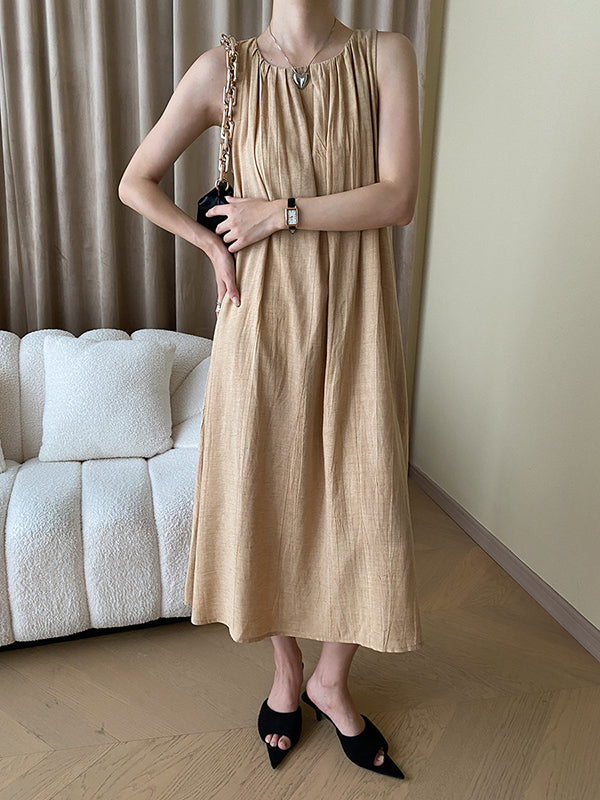 Pleated Solid Color A-Line Loose Round-Neck Midi Dresses