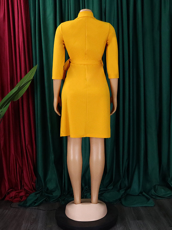 Pleated Solid Color Split-Front Tied Waist Three-Quarter Sleeves V-Neck Mini Dresses