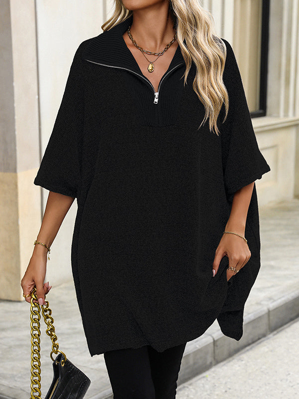 Split-Joint Zipper Loose Three-Quarter Sleeves V-Neck Sweater Tops