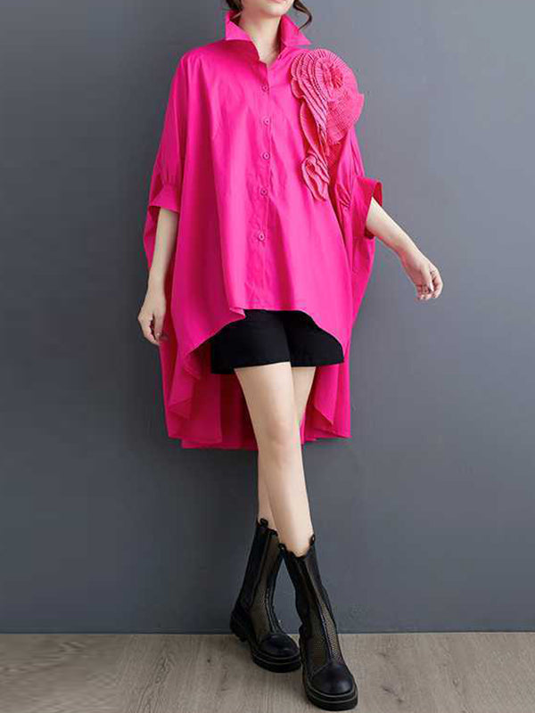 Asymmetric Buttoned Pleated Solid Color Three-Dimensional Flower Batwing Sleeves Half Sleeves Lapel Blouses&Shirts Tops