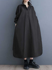 Buttoned Hollow Pleated Pockets Solid Color A-line Long Sleeves Lapel Shirt Dress Midi Dresses