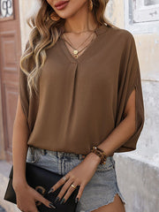 Solid Color Split-Joint Batwing Sleeves Loose V-Neck T-Shirts
