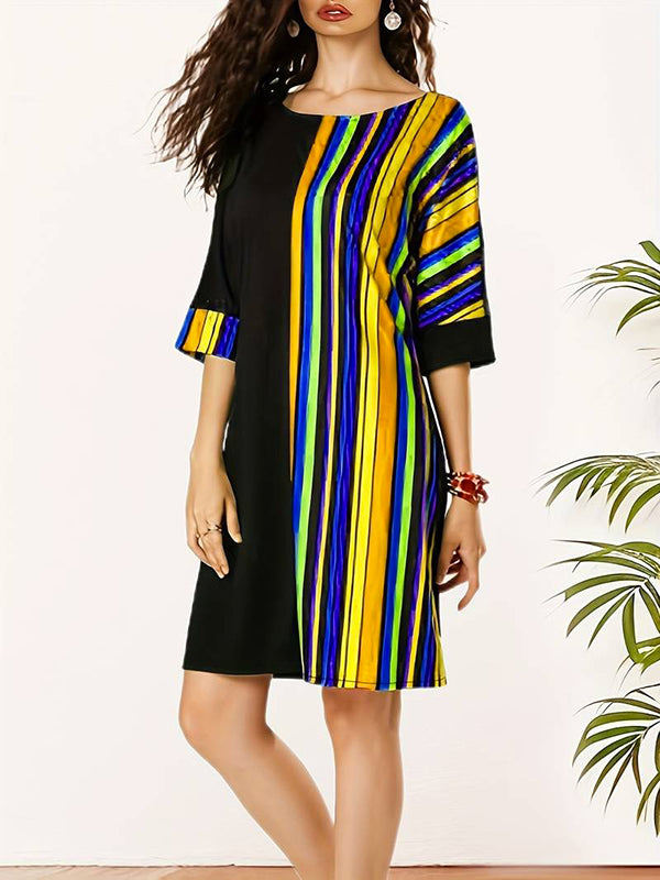 Asymmetric Contrast Color Striped A-line Half Sleeves Round-neck Mini Dresses