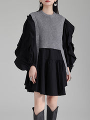 Ruffled Split-Joint Long Sleeves Loose Round-Neck Inner Mini Shirt Dress + Outer Vest Two Pieces Set