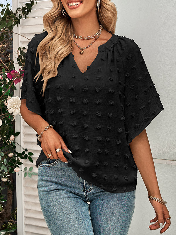 Jacquard Solid Color Half Sleeves Loose V-Neck T-Shirts Tops