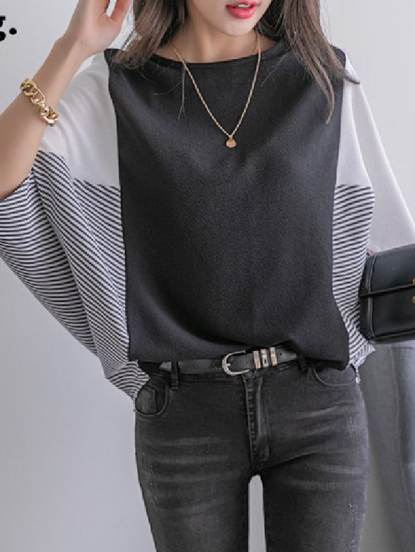 Contrast Color Split-Joint Batwing Sleeves Loose Round-Neck T-Shirts Tops