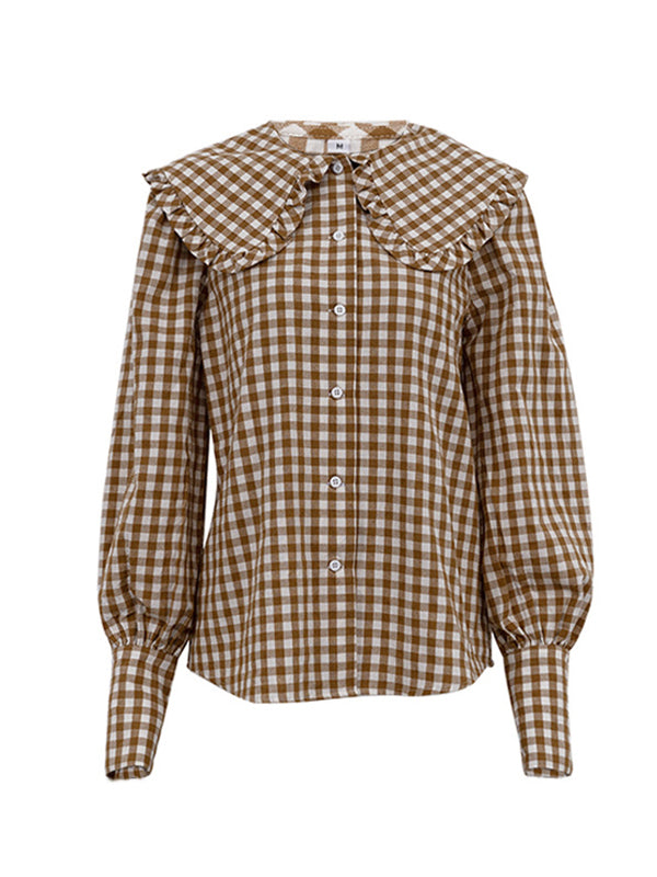 Plaid Long Sleeves Loose Peter Pan Collar Blouses&Shirts Tops
