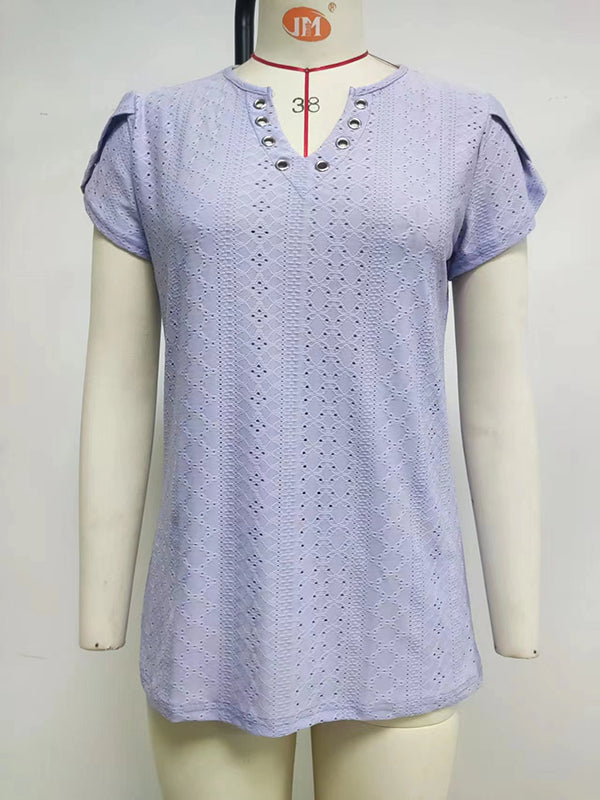 Hollow Solid Color Split-Joint Loose Short Sleeves V-Neck T-Shirts Tops