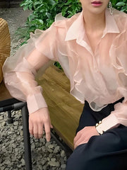 Buttoned Ruffle Trim See-Through Split-Joint Long Sleeves Loose Lapel Blouses&Shirts Tops