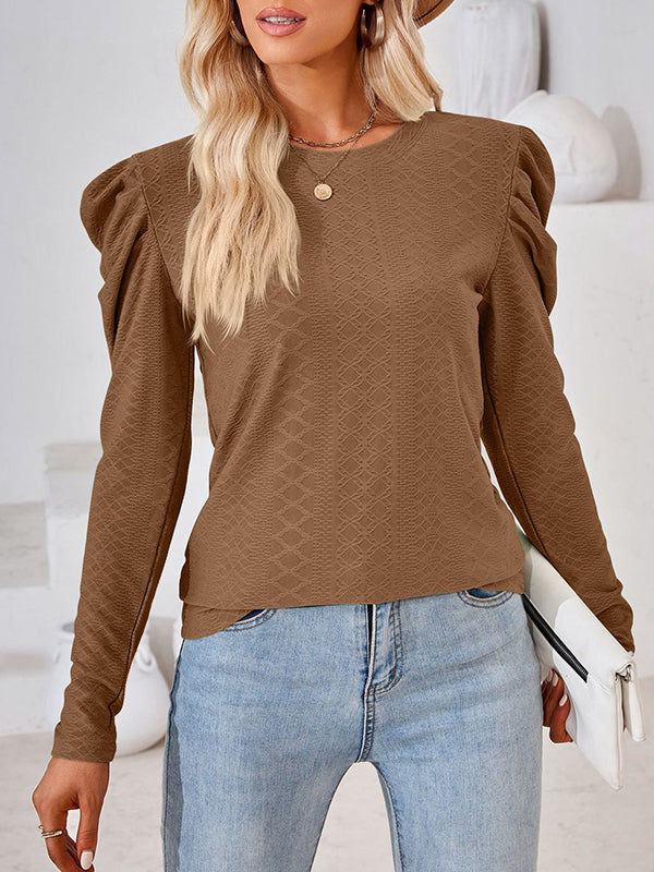 Pleated Solid Color Long Sleeves Loose Round-Neck T-Shirts Tops