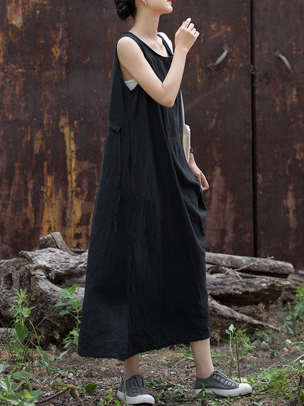 Drawstring Solid Color Split-Joint Tied Waist Loose Sleeveless Round-Neck Midi Dresses