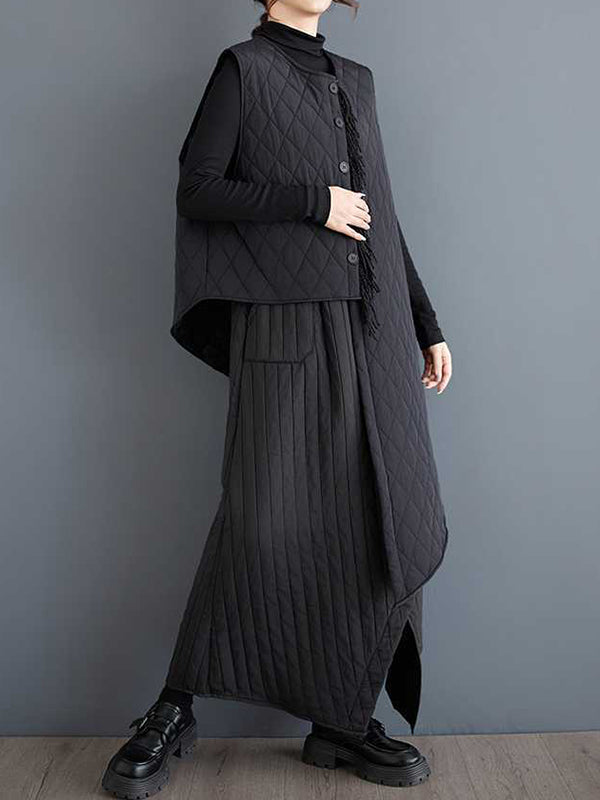 Asymmetric Buttoned Quilted Solid Color Loose Sleeveless Round-Neck Padded Vest