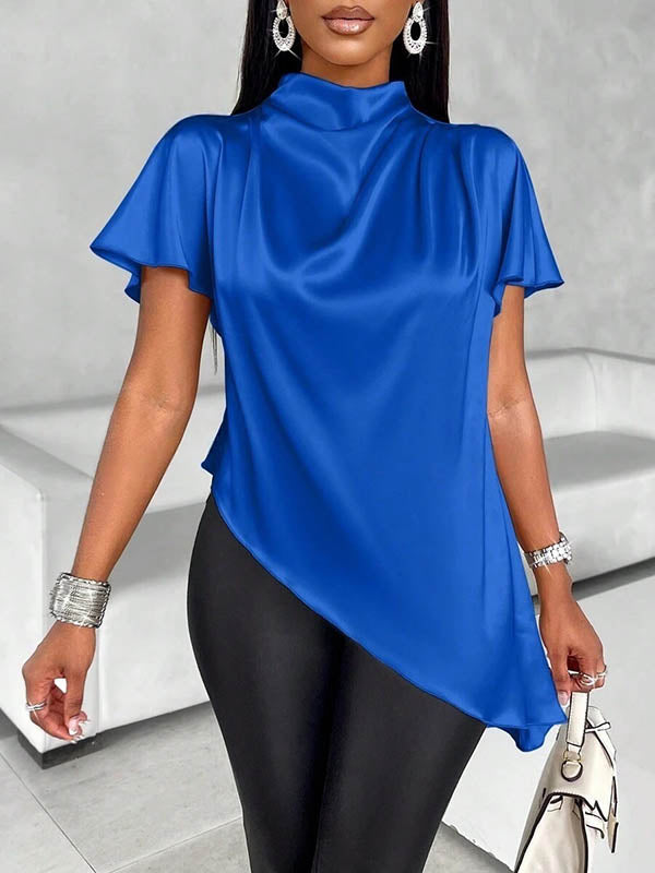 Asymmetric Solid Color Loose Short Sleeves Mock Neck Blouses&Shirts Tops