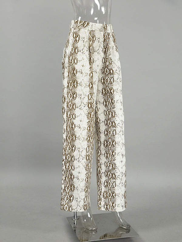 Elasticity Pockets Snakeskin Printed High Waisted Loose Trousers Pants