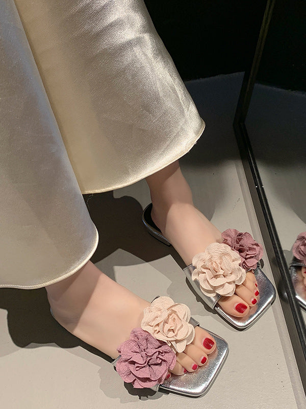Flower Shape Open Toe Split-Joint Square-Toe Slippers&Mules