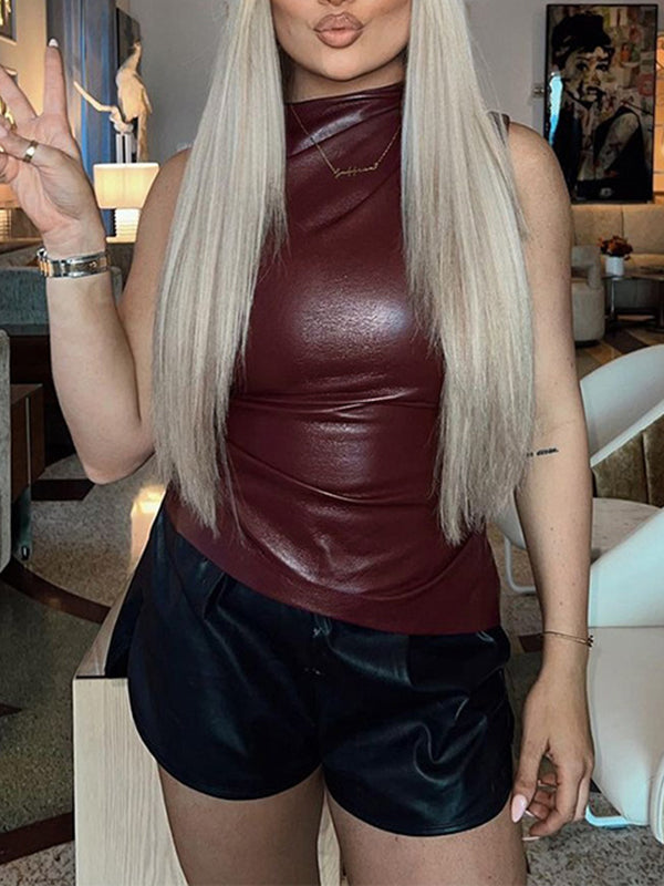 Asymmetric Pleated Solid Color Skinny Sleeveless Mock Neck Vest Top