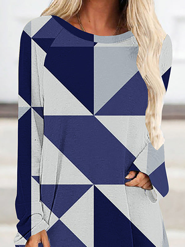 Plaid Printed High-low Long Sleeves Round-neck T-Shirts Tops